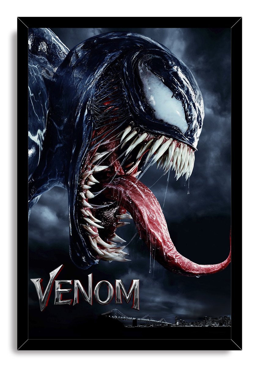 Venom framed wall art print presents the glossy black symbiote, sharp white teeth, red tongue, and stormy skyline.