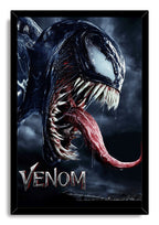 Venom framed wall art print presents the glossy black symbiote, sharp white teeth, red tongue, and stormy skyline.