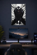 Venom in a gaming desk setup above a monitor.