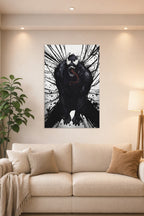 Venom in a bright living room above a beige sofa.