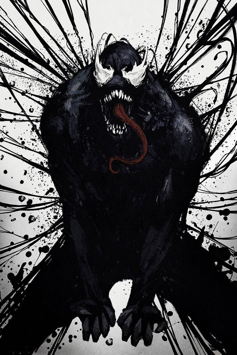 Venom wall art print depicts the black symbiote crouching with white eyes, sharp teeth, red tongue, and explosive ink splatters.