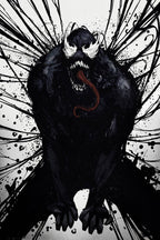 Venom wall art print depicts the black symbiote crouching with white eyes, sharp teeth, red tongue, and explosive ink splatters.