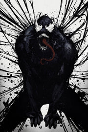 Venom wall art print depicts the black symbiote crouching with white eyes, sharp teeth, red tongue, and explosive ink splatters.