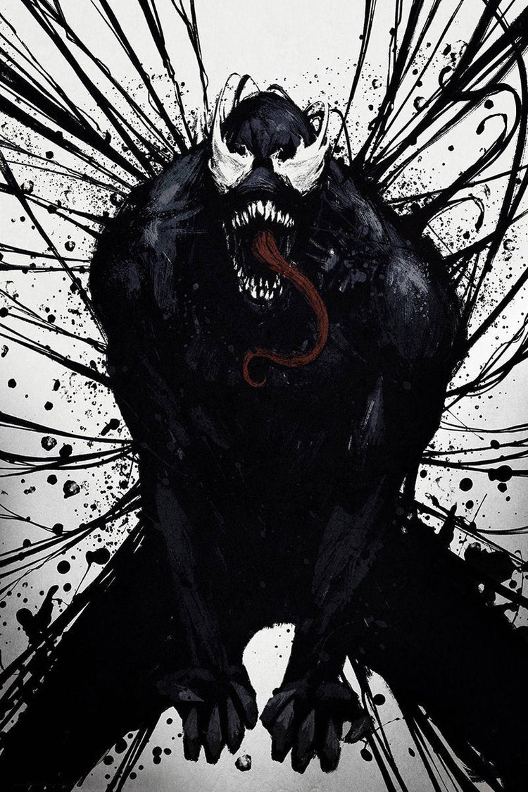 Venom wall art print depicts the black symbiote crouching with white eyes, sharp teeth, red tongue, and explosive ink splatters.