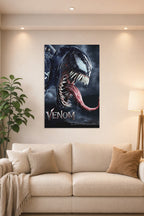 Venom in a bright living room above a beige sofa.