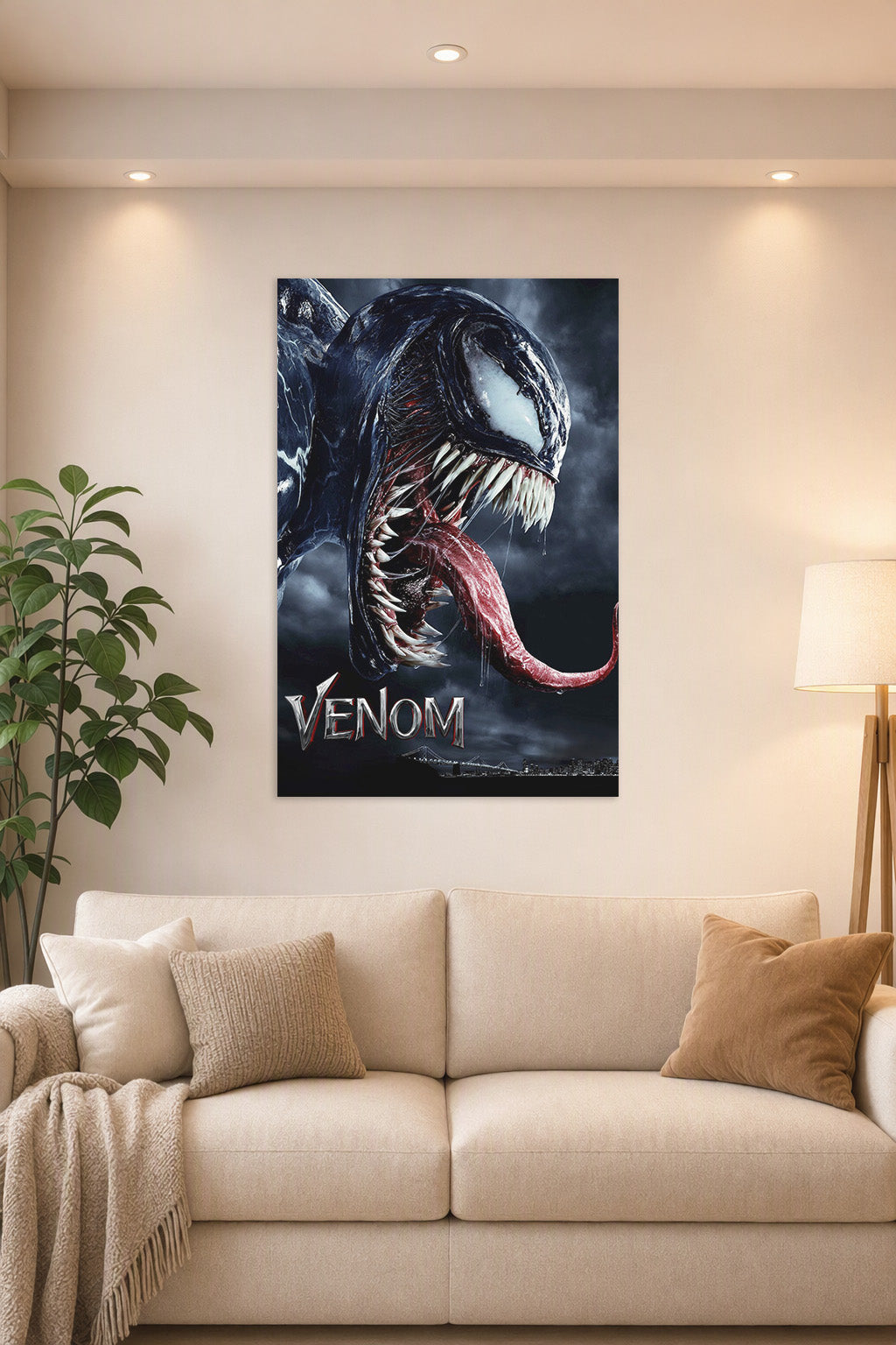 Venom in a bright living room above a beige sofa.