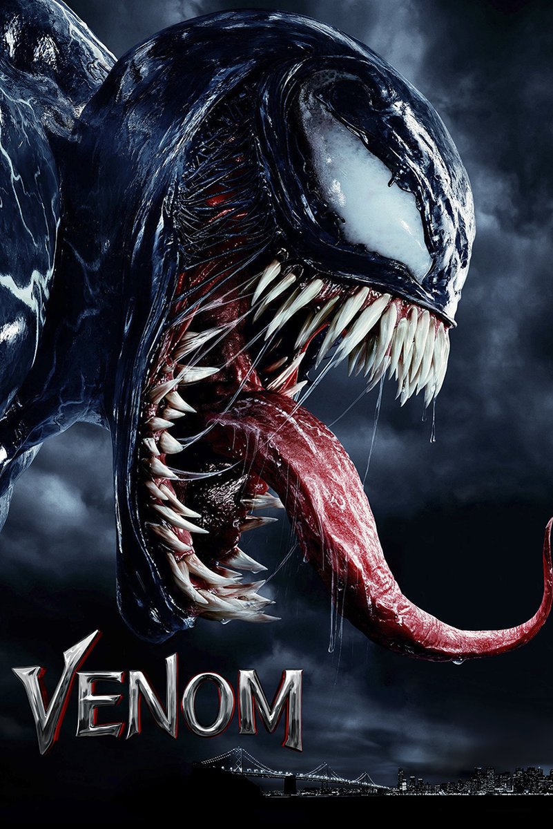 Venom poster features the black symbiote snarling with white teeth and a red tongue over a stormy city skyline.