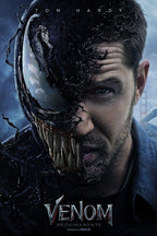 Venom poster presents a close-up split portrait of Eddie Brock and the snarling symbiote in dark black and steel-blue tones.