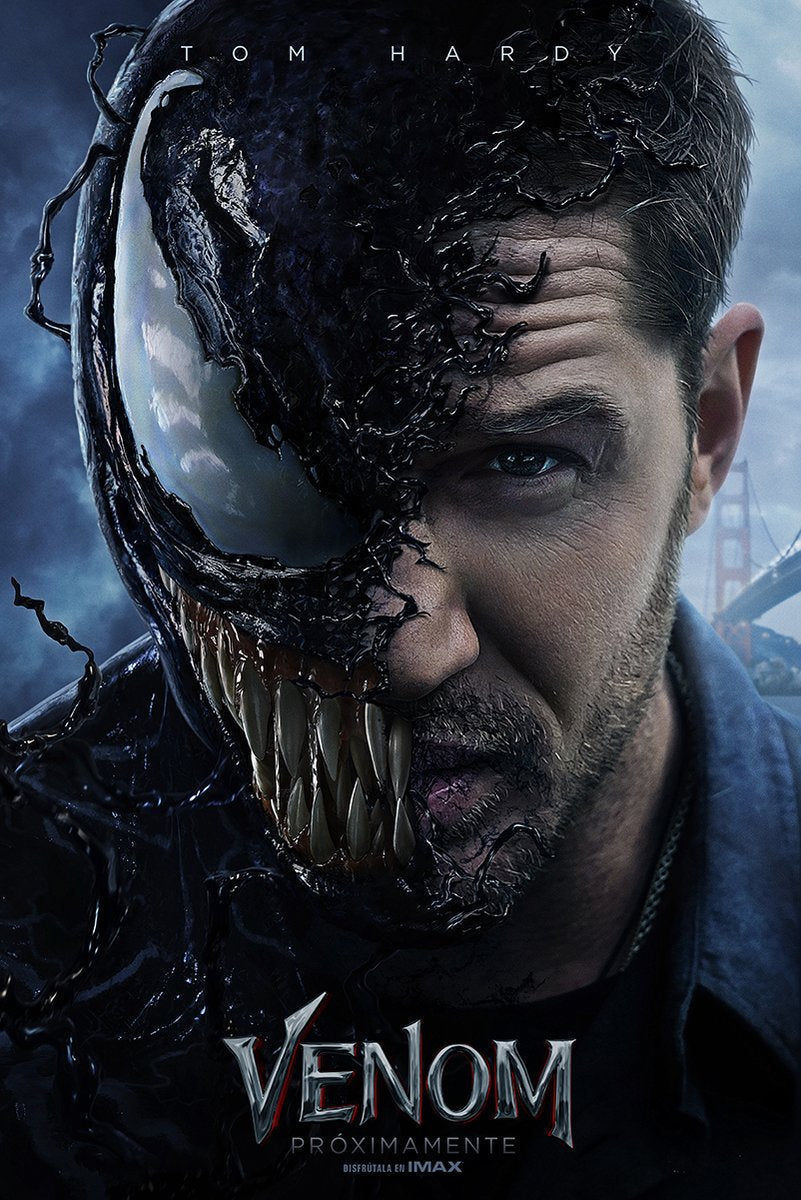 Venom poster presents a close-up split portrait of Eddie Brock and the snarling symbiote in dark black and steel-blue tones.