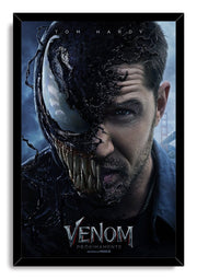 Venom framed wall art print displays Eddie Brock transforming into Venom, with black tendrils, fangs, and a glossy black frame.