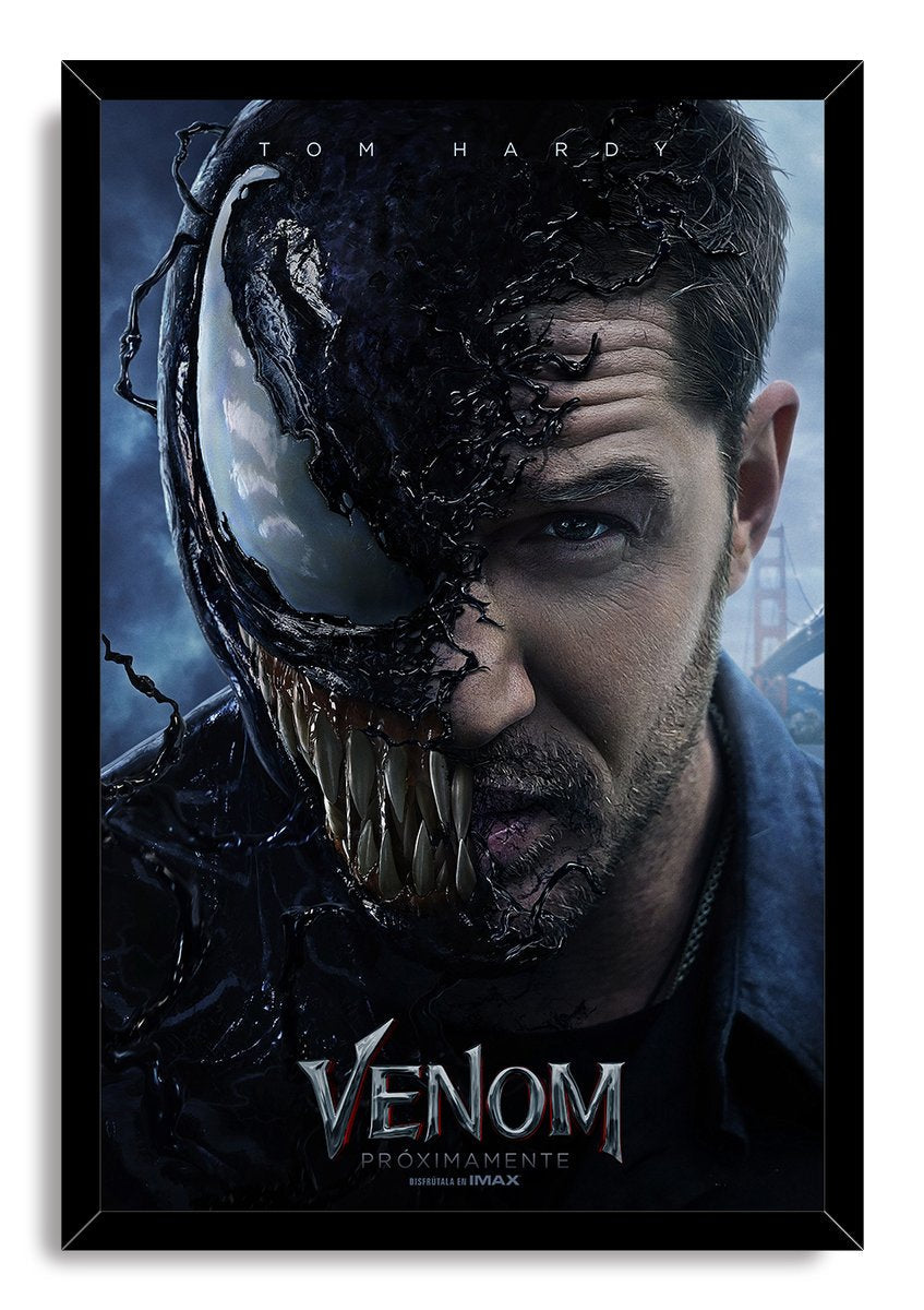Venom framed wall art print displays Eddie Brock transforming into Venom, with black tendrils, fangs, and a glossy black frame.