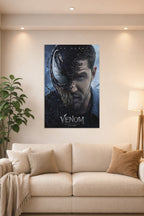 Venom Eddie Brock Tom Hardy in a bright living room above a beige sofa.