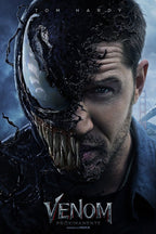 Venom wall art print features Eddie Brock's face merging with Venom's black symbiote, sharp teeth, and a blue bridge backdrop.