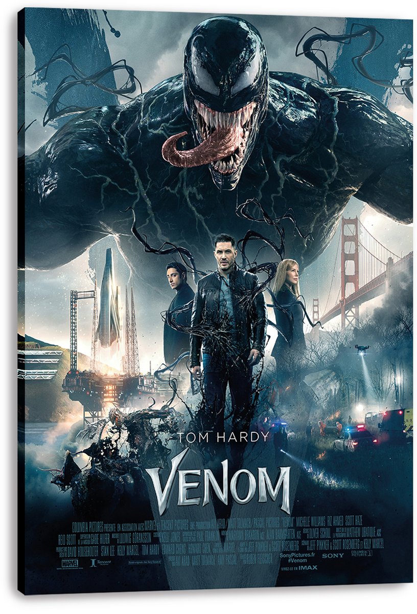 Venom canvas wall art print displays the black, sharp-toothed symbiote looming over Tom Hardy, a rocket launch, bridge, and city chaos.