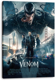Venom canvas wall art print displays the black, sharp-toothed symbiote looming over Tom Hardy, a rocket launch, bridge, and city chaos.