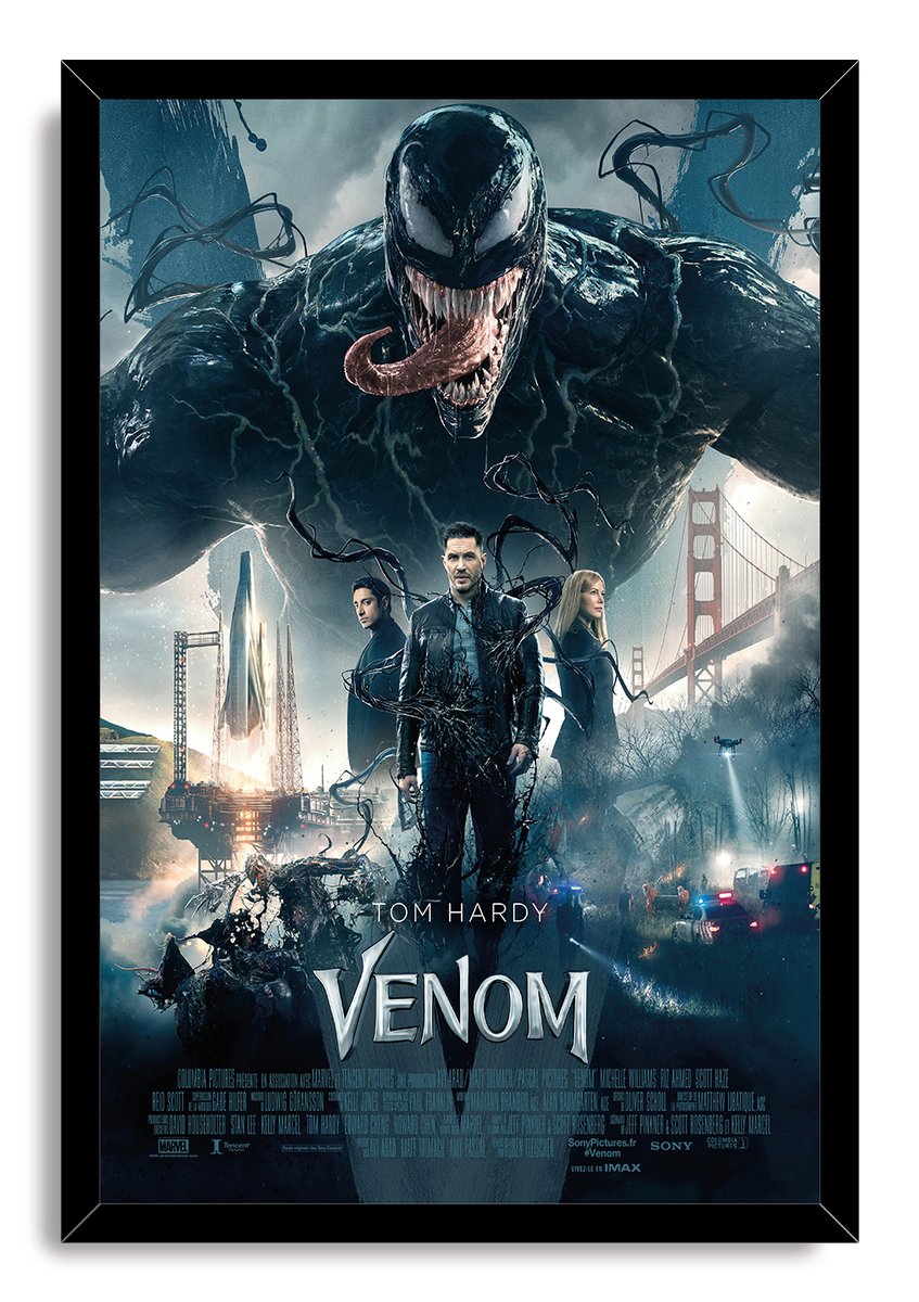 Framed Venom wall art print presents the symbiote with extended tongue above Tom Hardy, supporting characters, bridges, and blue-gray action scenes.