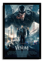 Framed Venom wall art print presents the symbiote with extended tongue above Tom Hardy, supporting characters, bridges, and blue-gray action scenes.