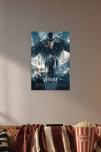 Venom Movie Tom Hardy in a cozy movie room above a brown sofa with popcorn.