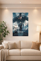Venom Movie Tom Hardy in a bright living room above a beige sofa.
