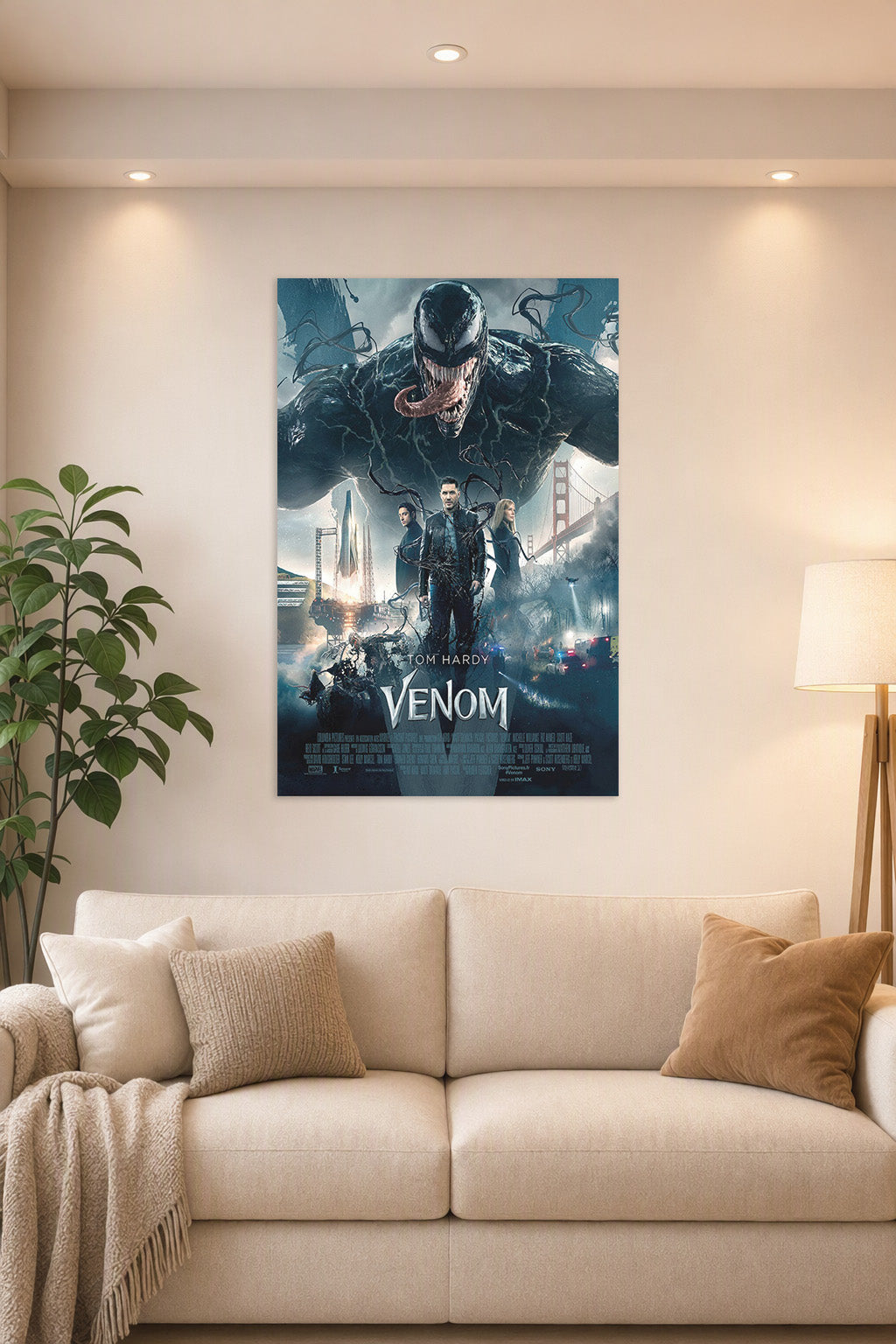 Venom Movie Tom Hardy in a bright living room above a beige sofa.
