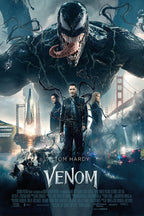 Venom movie poster features the snarling black symbiote above Tom Hardy and two figures amid San Francisco bridges and police lights.