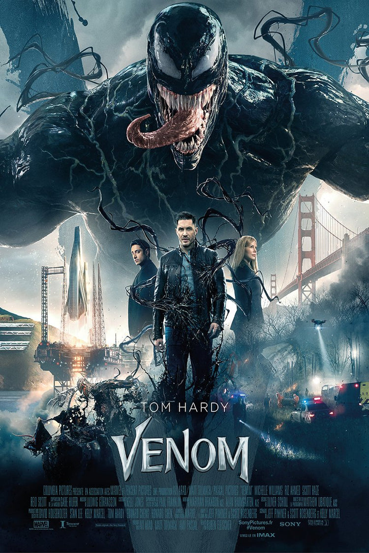 Venom movie poster features the snarling black symbiote above Tom Hardy and two figures amid San Francisco bridges and police lights.