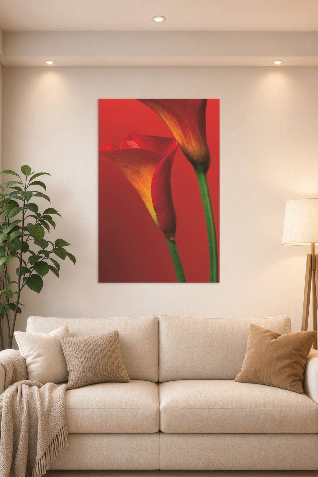 Vibrant Calla Lilies in a bright living room above a beige sofa.