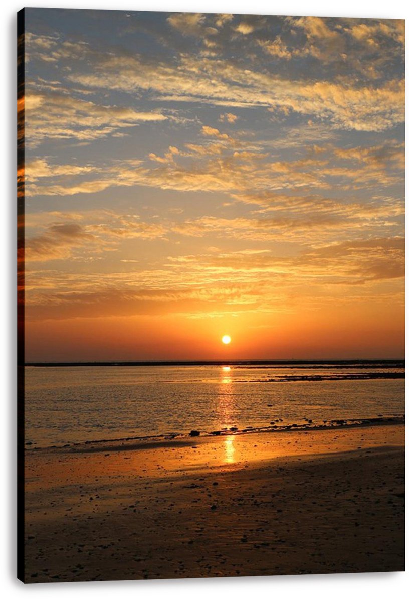 Sunset seascape canvas wall art print featuring a low orange sun reflected across tidal water and a dark sandy shore.