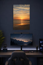 Vibrant Sunset Seascape in a gaming desk setup above a monitor.