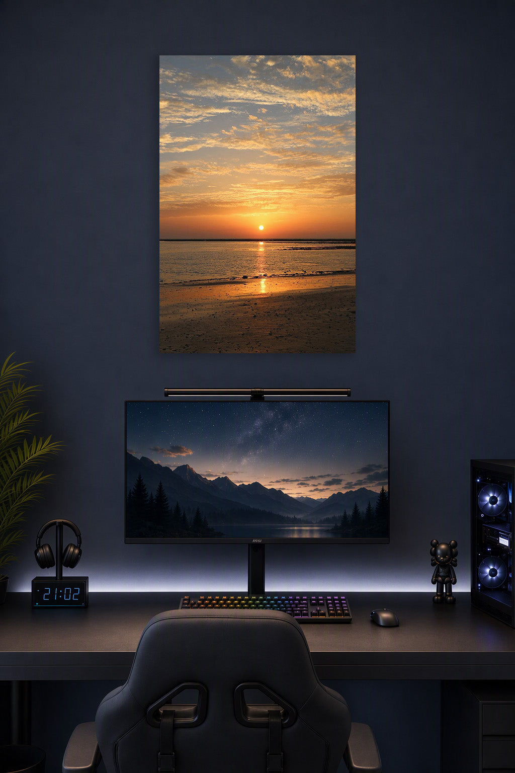 Vibrant Sunset Seascape in a gaming desk setup above a monitor.