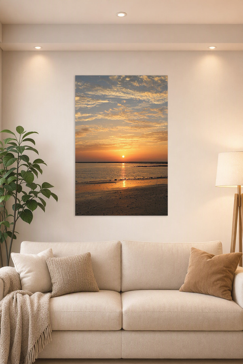 Vibrant Sunset Seascape in a bright living room above a beige sofa.