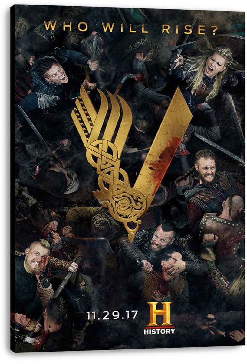 Vikings canvas wall art print displays battling warriors and a blood-marked gold V emblem, mounted on a thick black-edged canvas.