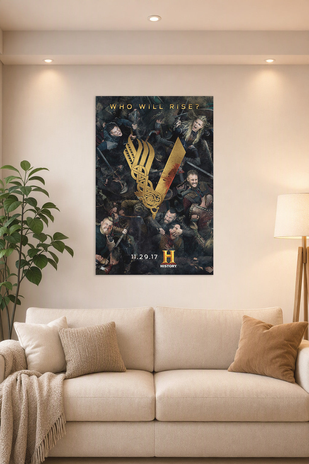Vikings TV Series Battle Scene in a bright living room above a beige sofa.