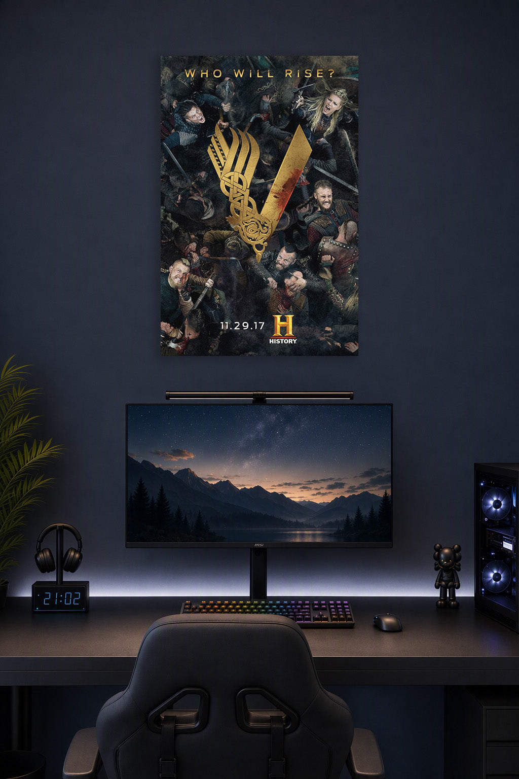 Vikings TV Series Battle Scene in a gaming desk setup above a monitor.