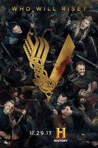 Vikings poster features armored warriors fighting around a large gold V emblem, with the words “Who Will Rise?” above.