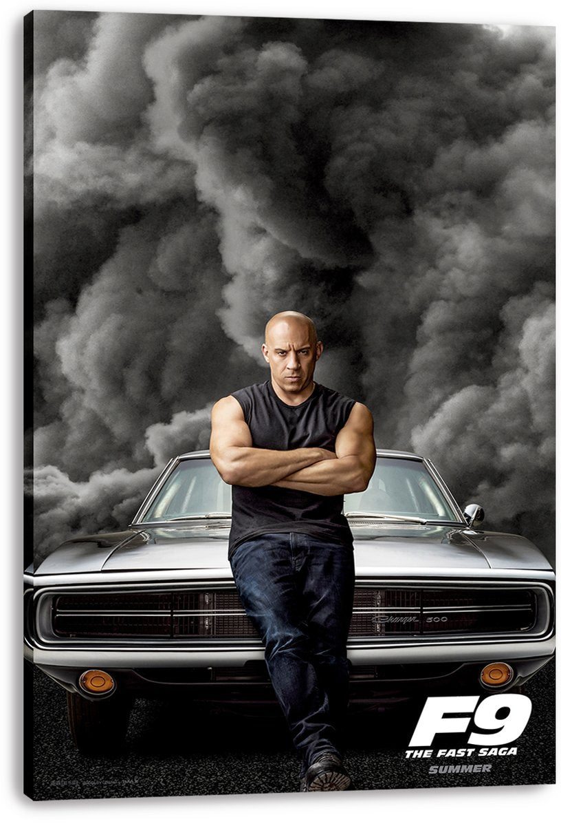Vin Diesel F9 The Fast Saga canvas wall art print featuring Dominic Toretto leaning before a silver muscle car under dark clouds.