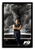Vin Diesel F9 The Fast Saga framed wall art print with Dominic Toretto, a silver muscle car, and dramatic gray storm clouds.