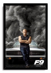 Vin Diesel F9 The Fast Saga framed wall art print with Dominic Toretto, a silver muscle car, and dramatic gray storm clouds.