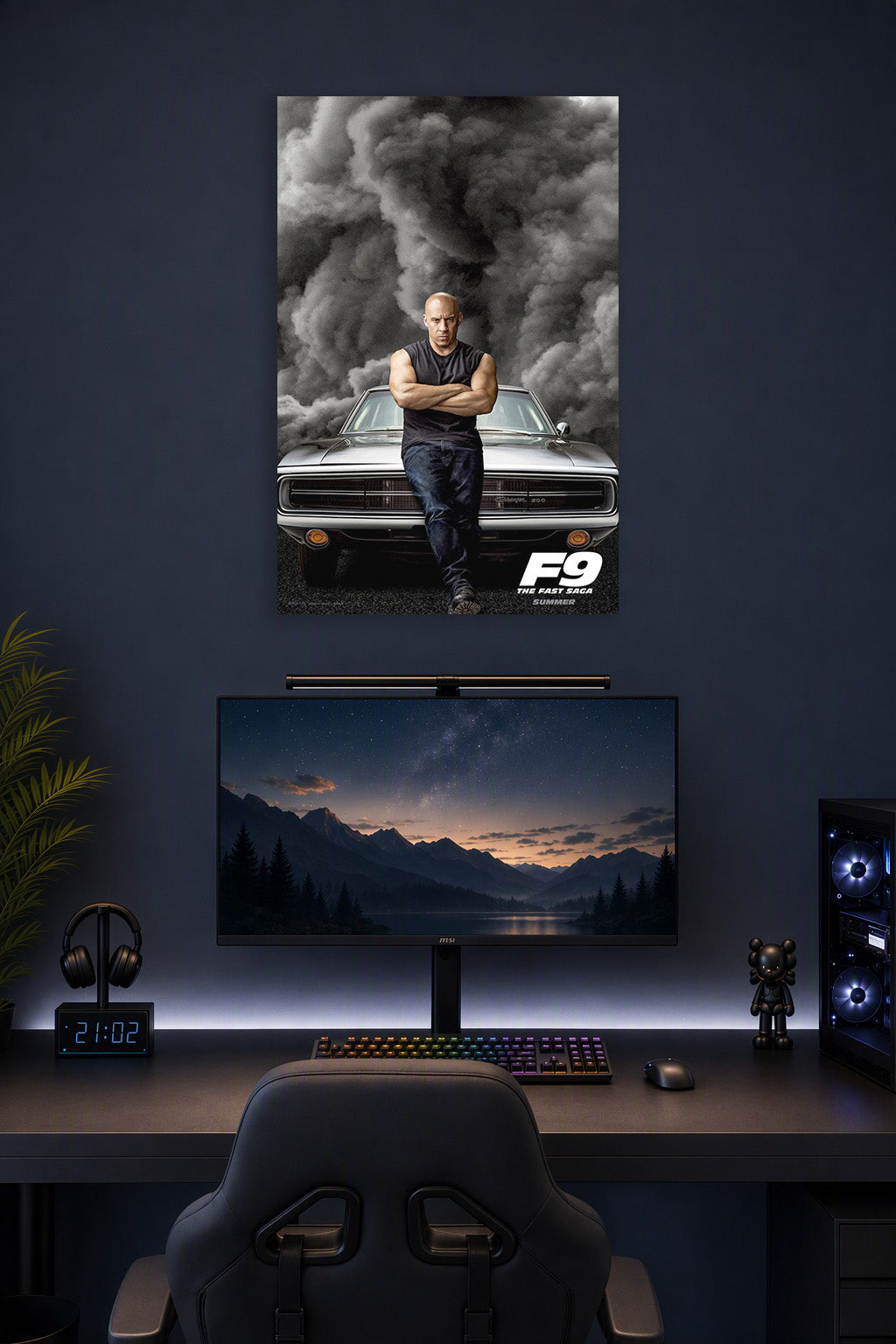 Vin Diesel Fast & Furious in a gaming desk setup above a monitor.