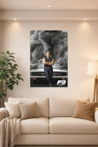 Vin Diesel Fast & Furious in a bright living room above a beige sofa.