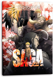 Vinland Saga canvas wall art print presents a red-and-black character collage with armed warriors, a blond child, Japanese text, and SAGA lettering.
