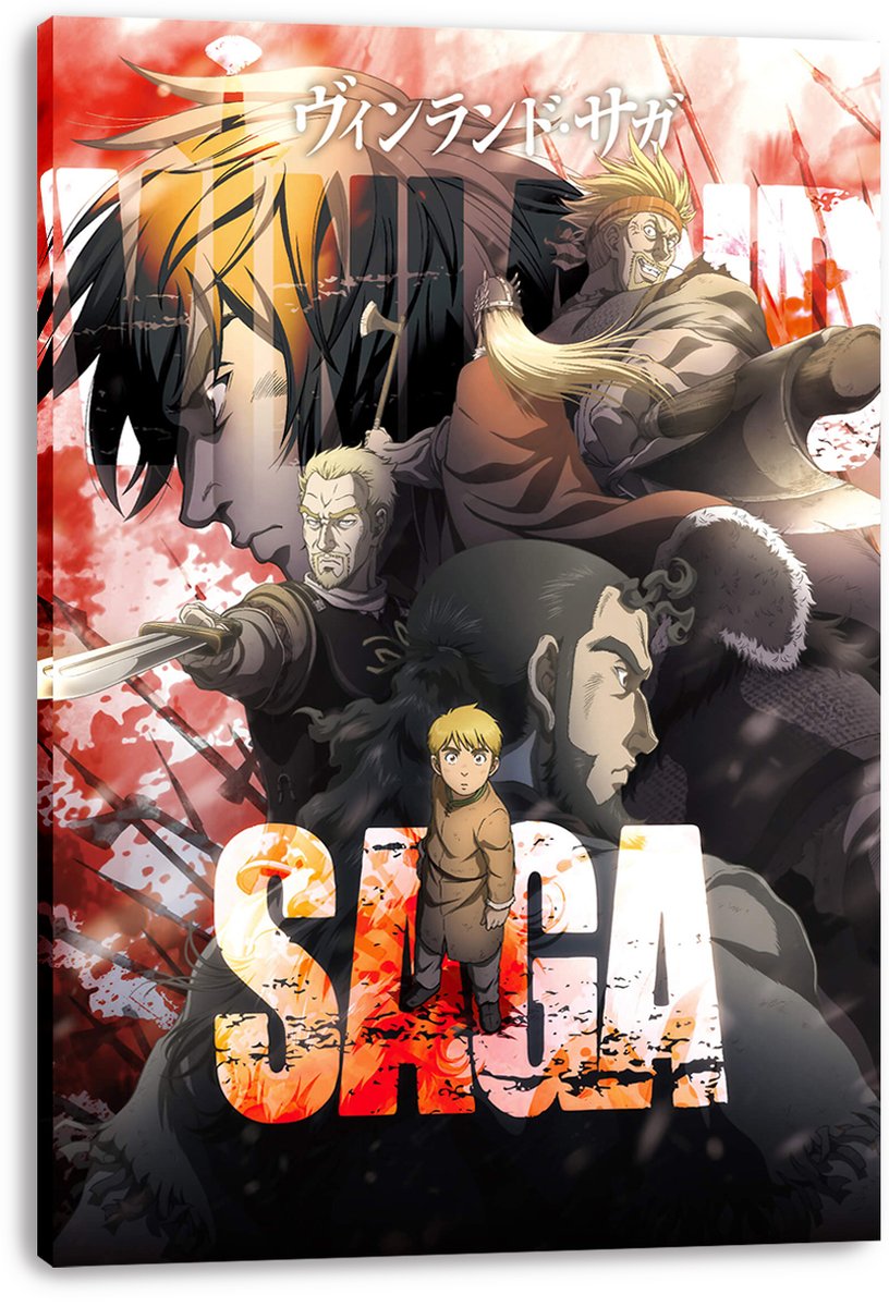 Vinland Saga canvas wall art print presents a red-and-black character collage with armed warriors, a blond child, Japanese text, and SAGA lettering.