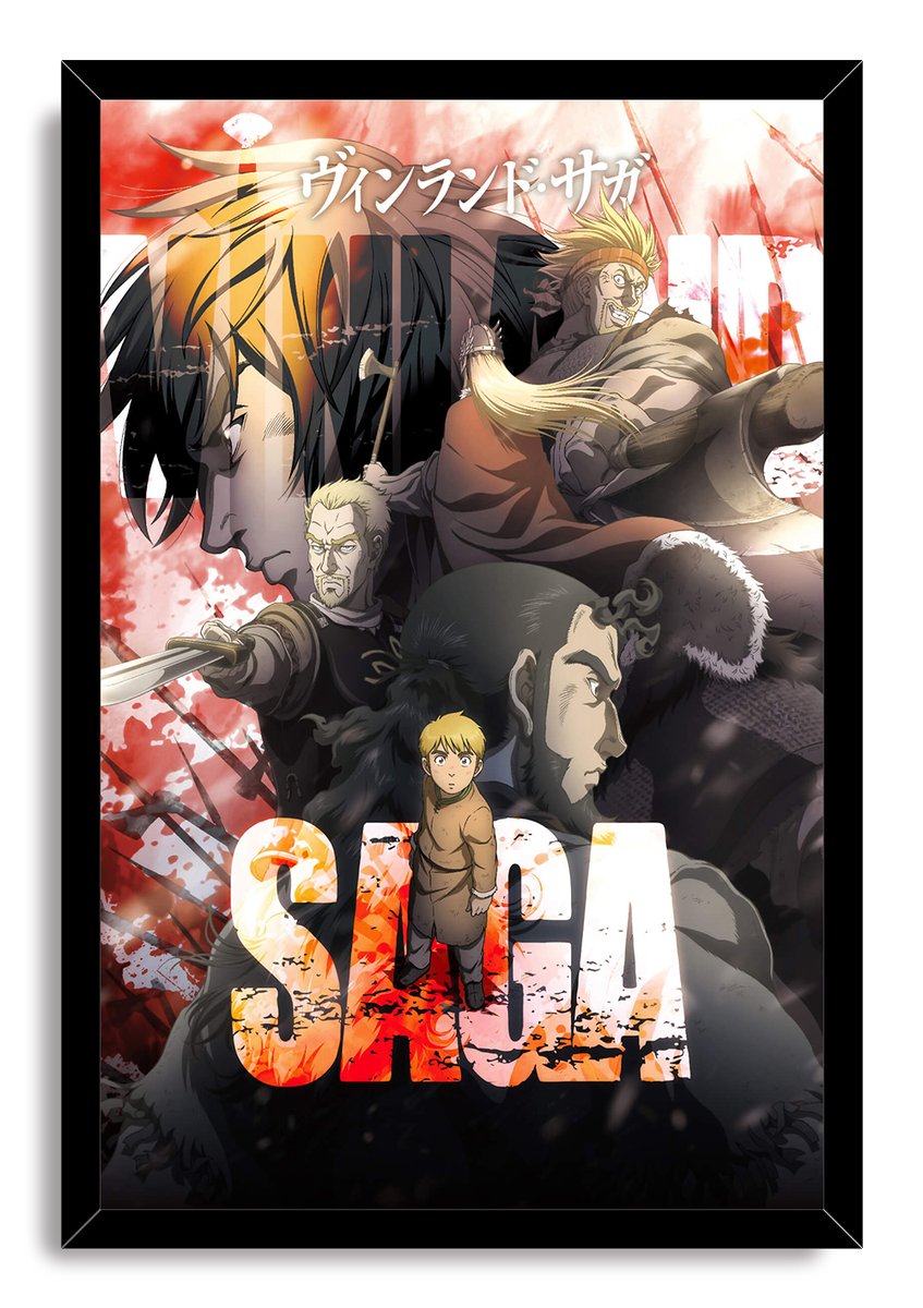 Vinland Saga framed wall art print displays a dramatic warrior collage with a sword, fur-clad figures, red splatters, and large SAGA text.