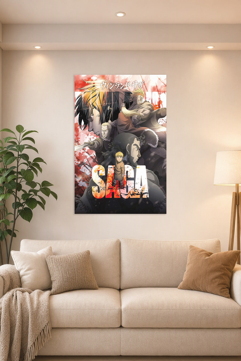 Vinland Saga Anime Characters in a bright living room above a beige sofa.