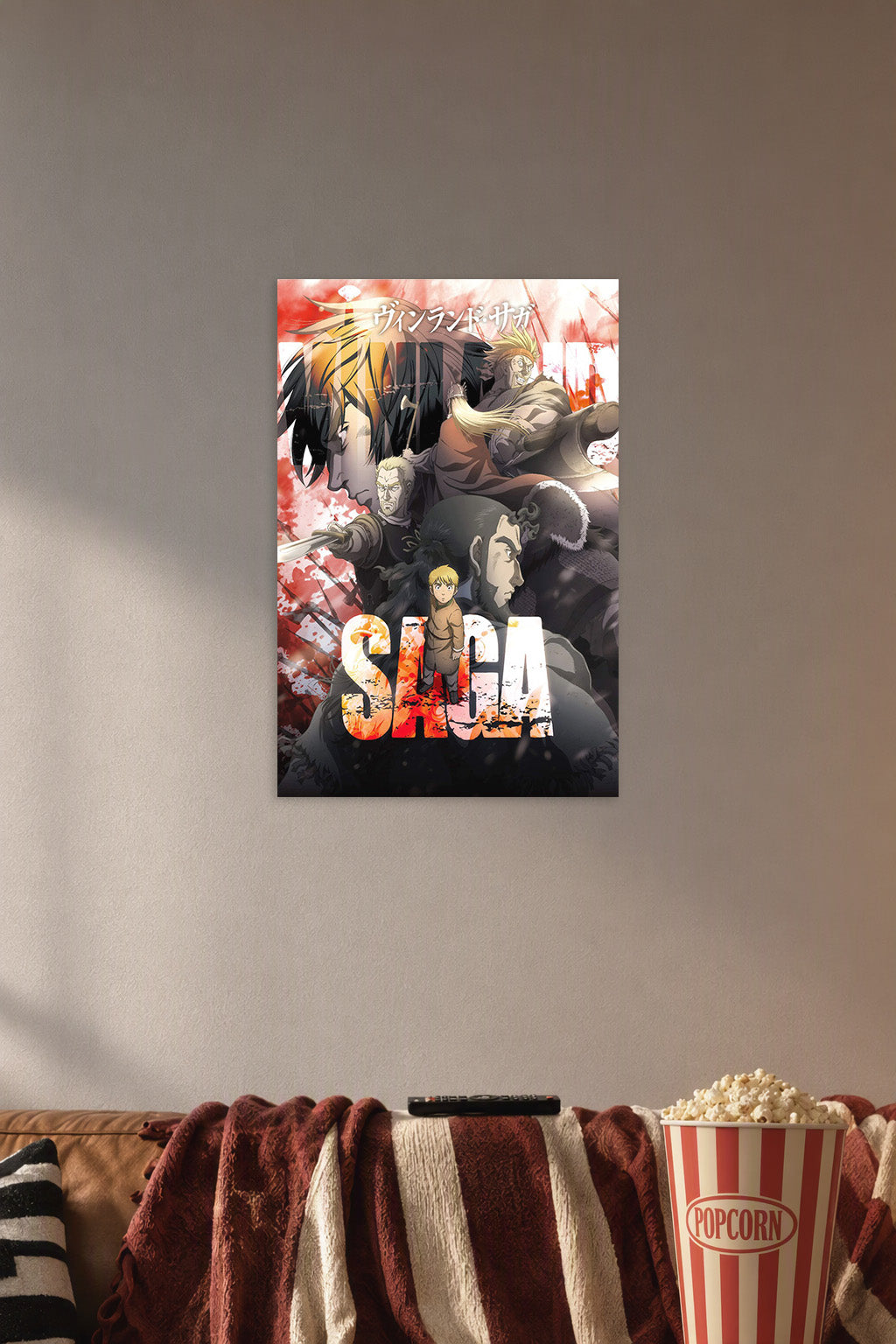 Vinland Saga Anime Characters in a cozy movie room above a brown sofa with popcorn.