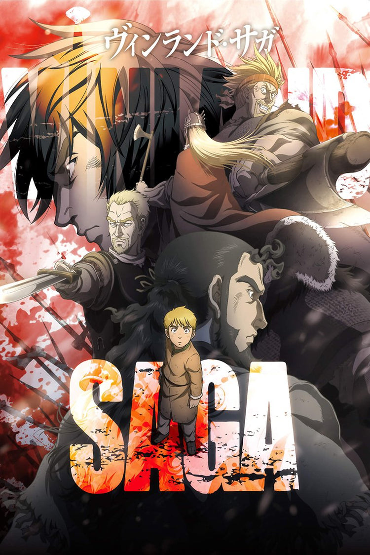 Vinland Saga poster features layered warrior portraits, a blond child, swords, red splatters, Japanese title text, and bold SAGA lettering.