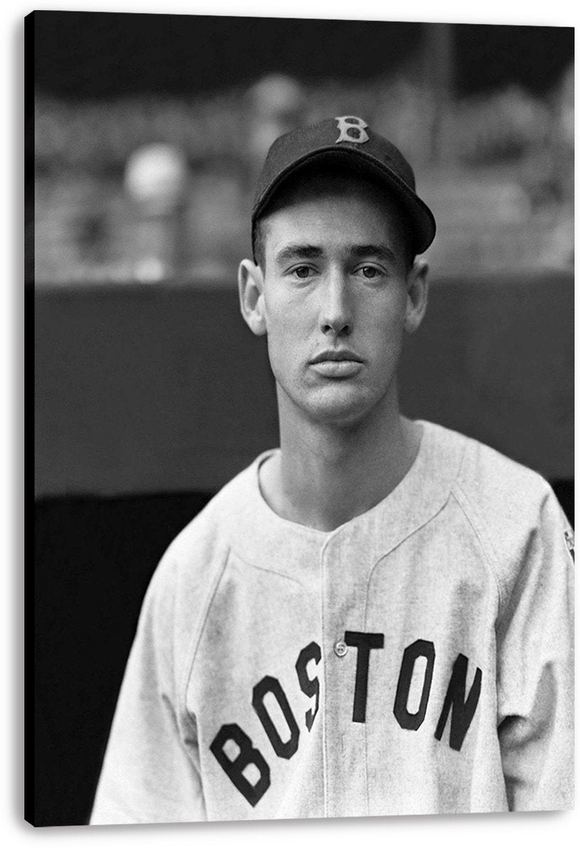 Boston baseball player wall art print on canvas, featuring a monochrome portrait with B cap, BOSTON uniform, and blurred stadium backdrop.