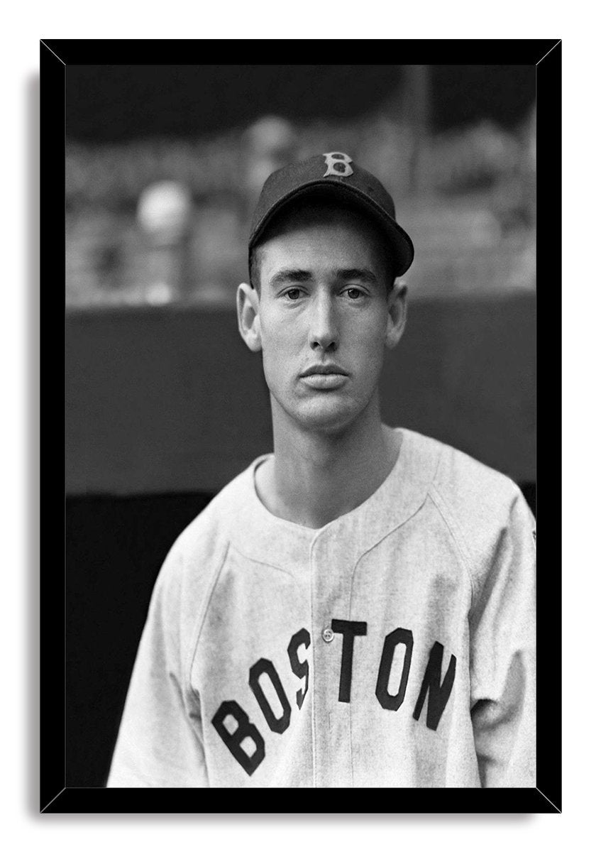 Framed Boston baseball player wall art print with a black-and-white portrait, B cap, BOSTON jersey, and black border.