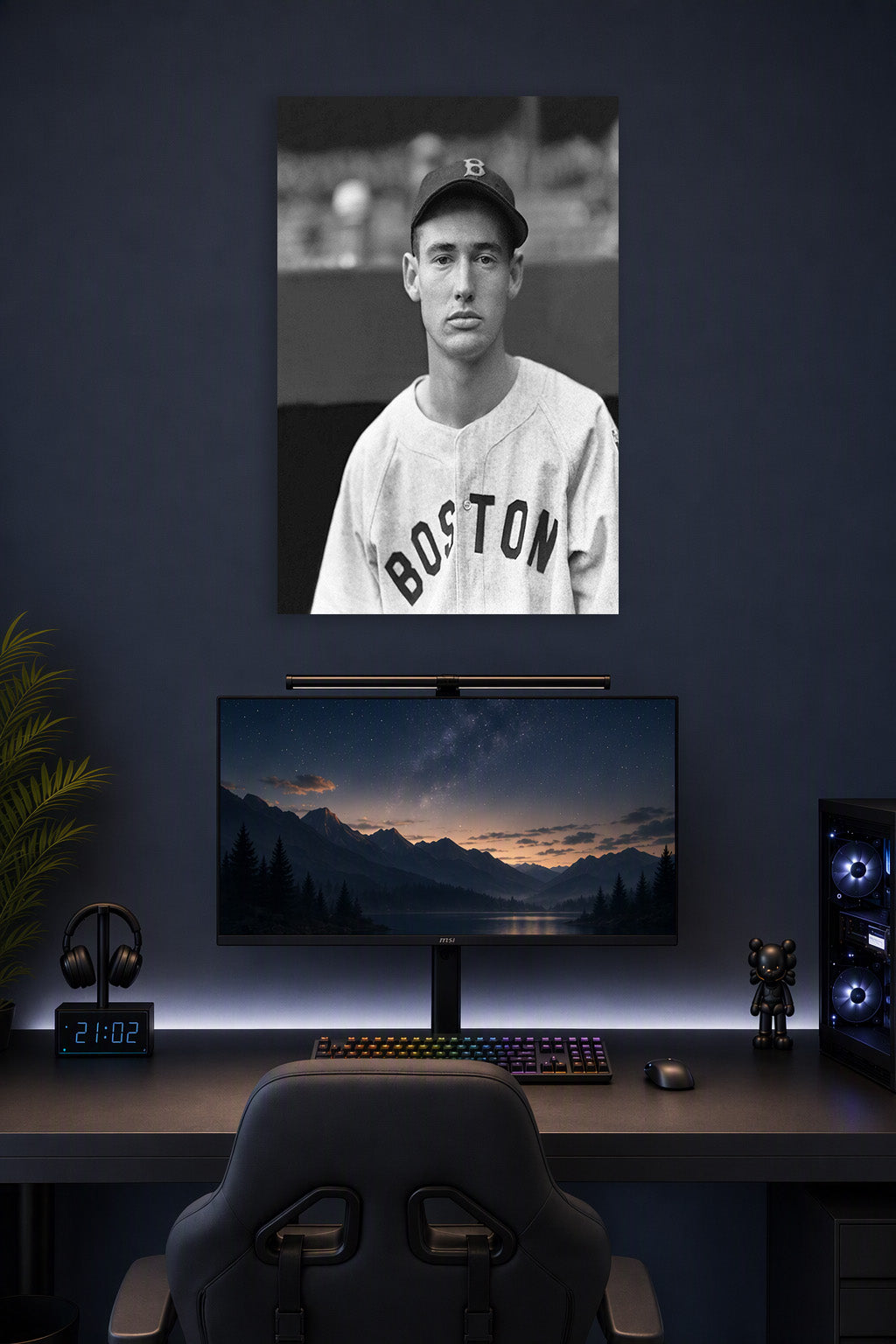 Vintage Boston Baseball Player in a gaming desk setup above a monitor.
