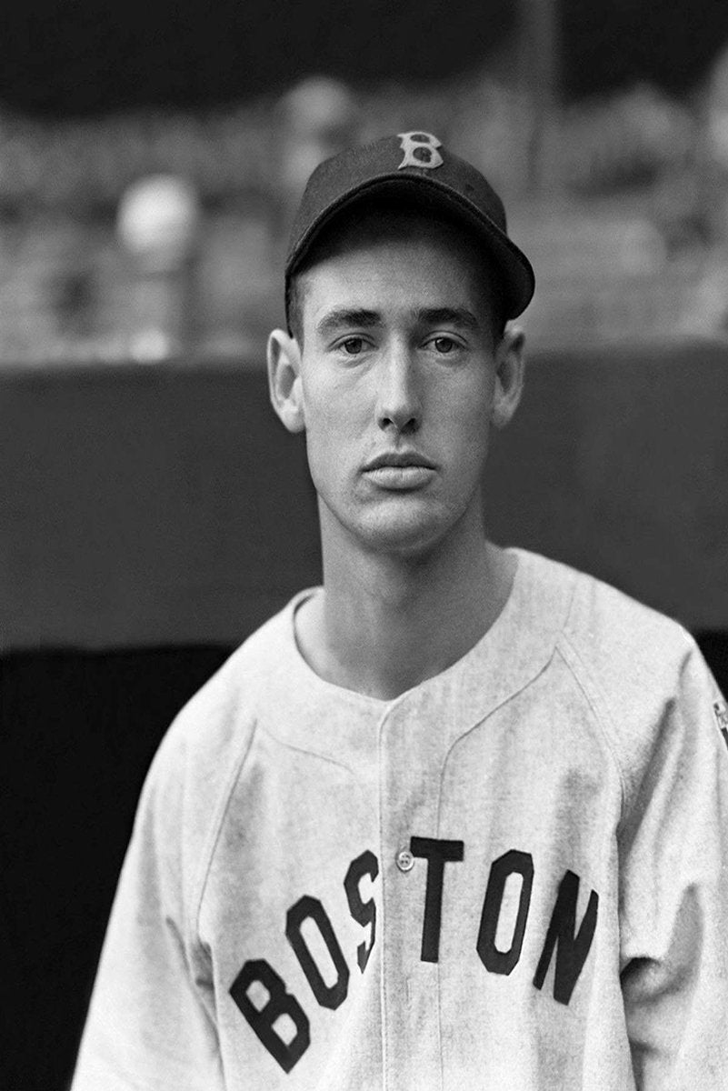 Vintage Boston baseball player poster with a black-and-white portrait of a man in a B cap and BOSTON jersey.
